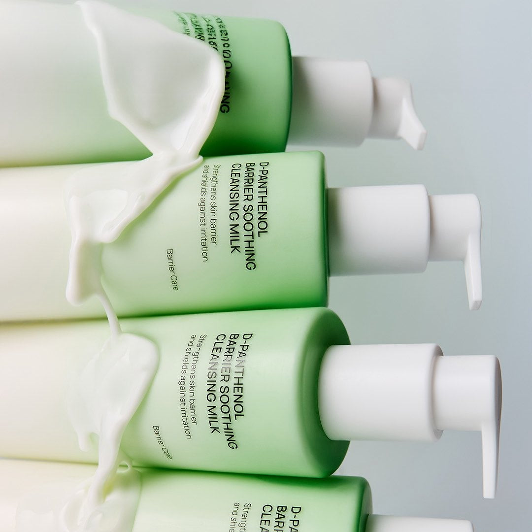 JUMISO D-Panthenol Barrier Soothing Cleansing Milk 300ml Refill Offer (+100ml Refill) bottles displayed with milk texture.