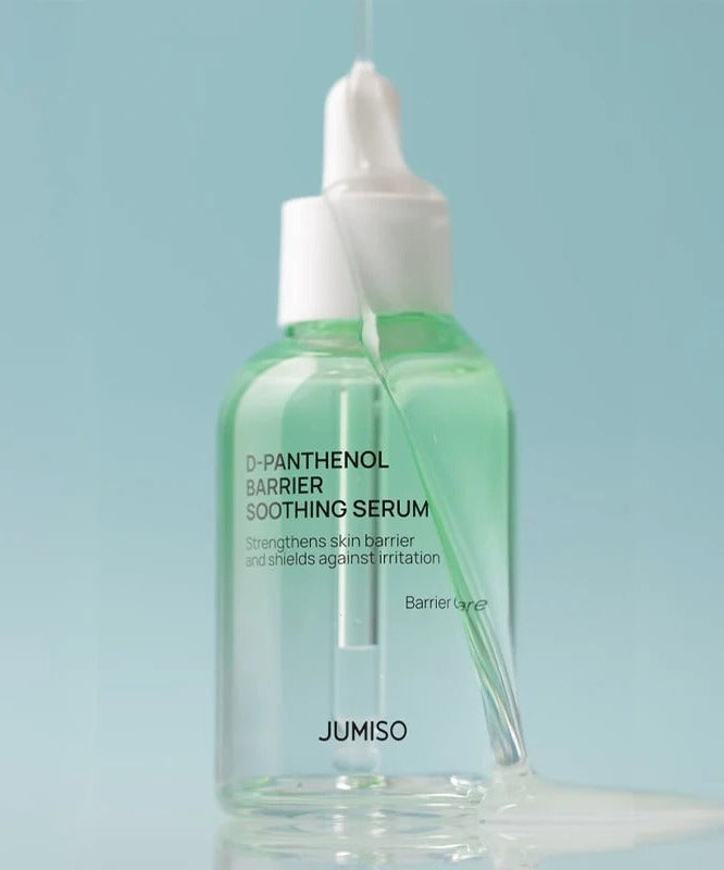 JUMISO D-Panthenol Barrier Soothing Serum 70ml bottle on a blue background, highlighting its skin barrier strengthening properties.