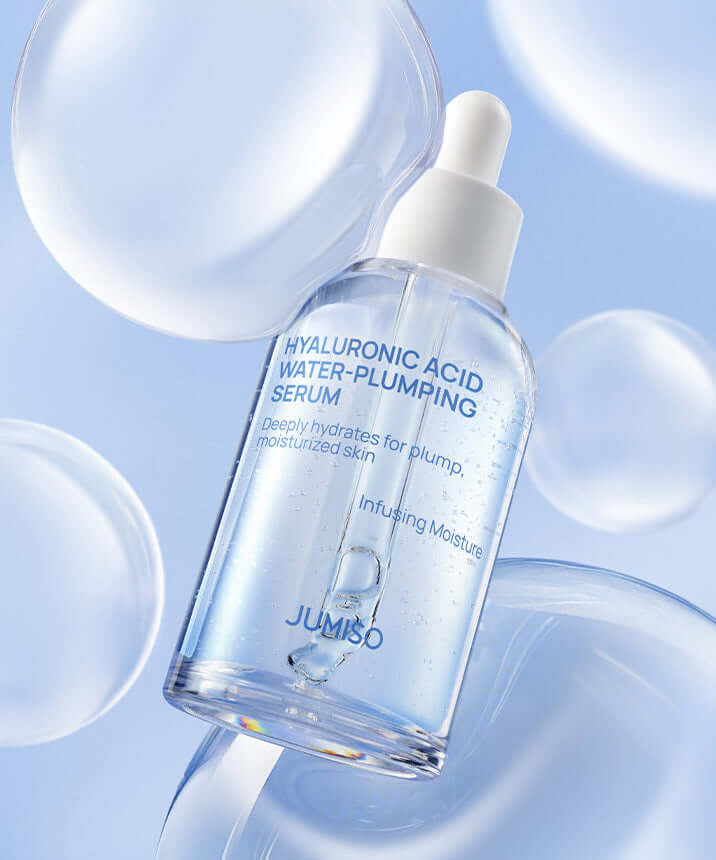 JUMISO Hyaluronic Acid Water Plumping Moisture Serumm in a clear bottle with blue background and hydration bubbles.