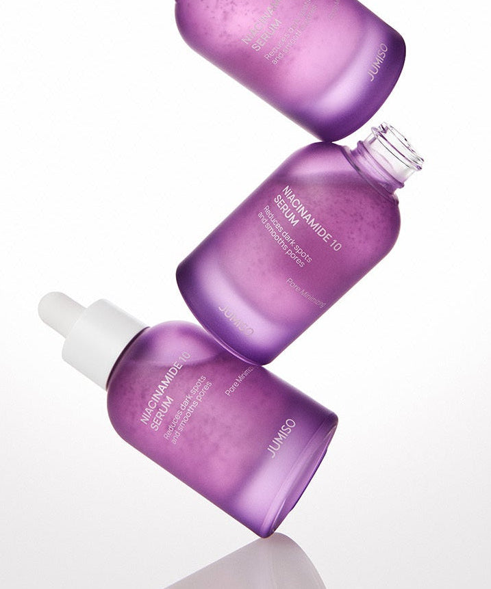 JUMISO Niacinamide 10 Serum 40ml purple bottles floating against a white background.