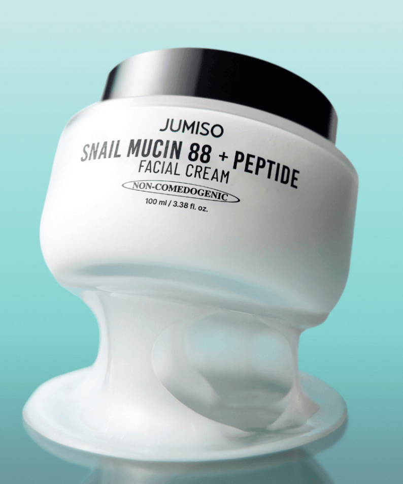 JUMISO Snail Muci 88 + Peptide Cream jar on teal background