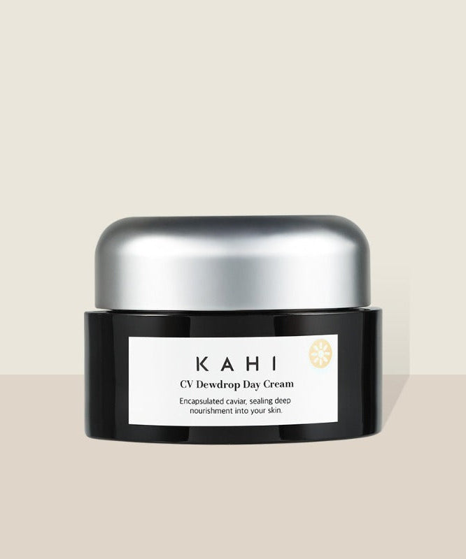 KAHI CV Dewdrop Day Cream 50ml in black jar with silver lid for skin nourishment