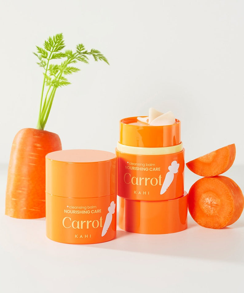 KAHI Cleansing Balm 3 Types 50ml with carrot extract for nourishing care, bright orange containers showcasing skincare product.
