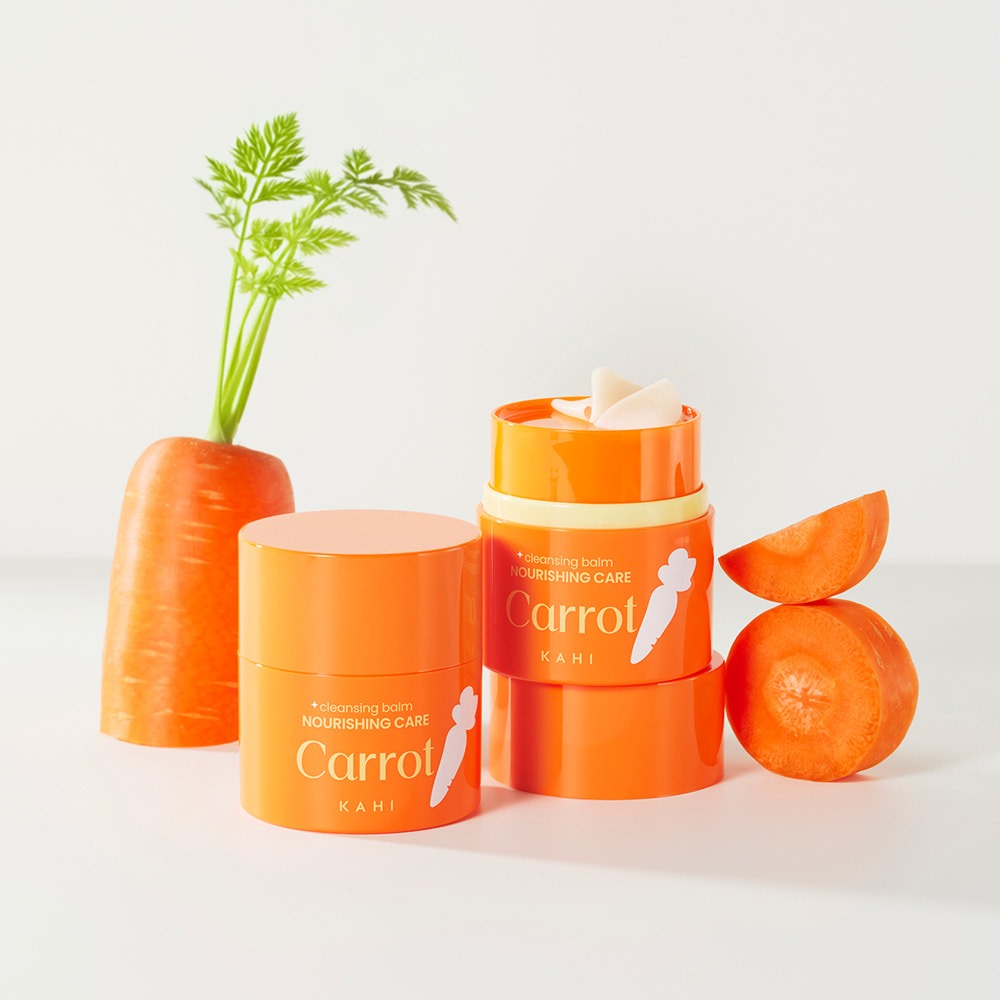 KAHI Cleansing Balm 3 Types 50ml with carrot extract for nourishing care, bright orange containers showcasing skincare product.