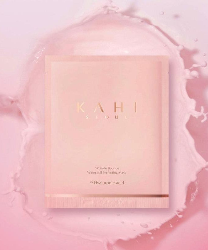 KAHI Wrinkle Bounce Perfecting Mask with pink splash background.