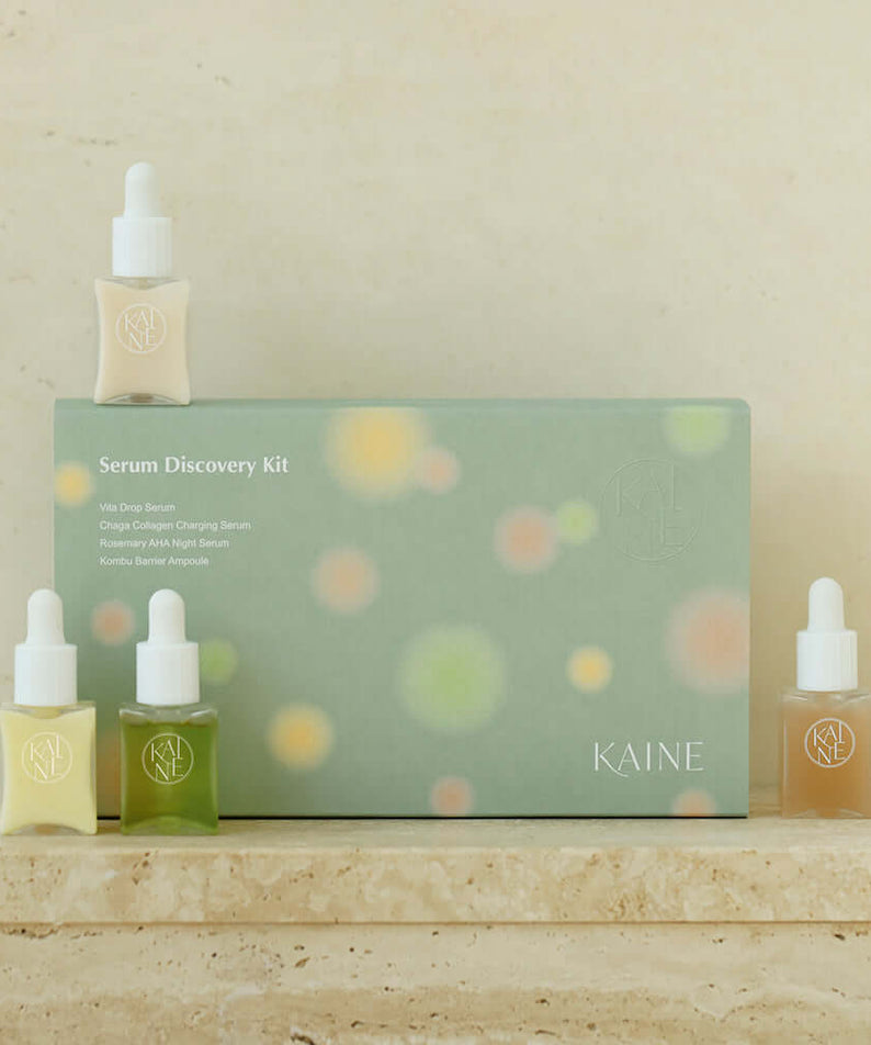 KAINE Serum Discovery Kit packaging with four serum bottles on a neutral background.