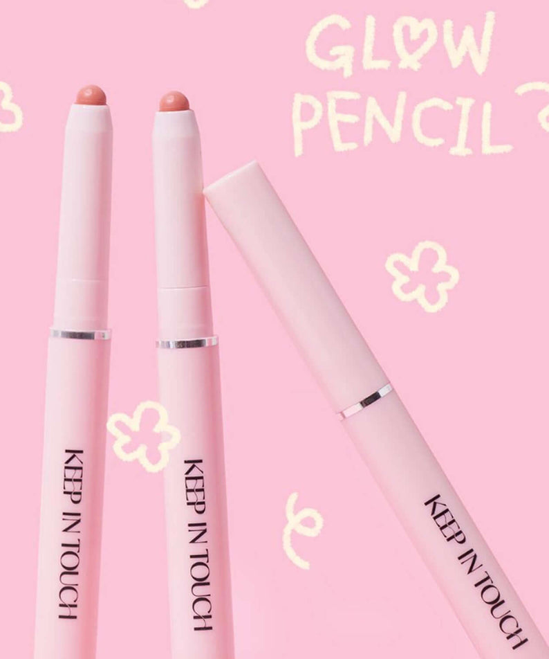 KEEP IN TOUCH Glow Lip Sealer Pencil on pink background with floral accents