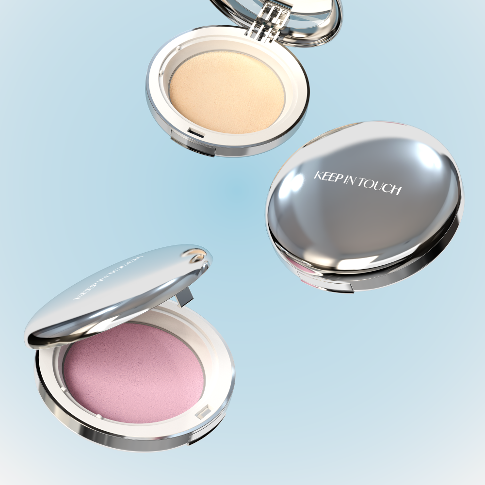 KEEP IN TOUCH Soft Cloud Blur Powder Pact in sleek silver compact with open and closed views
