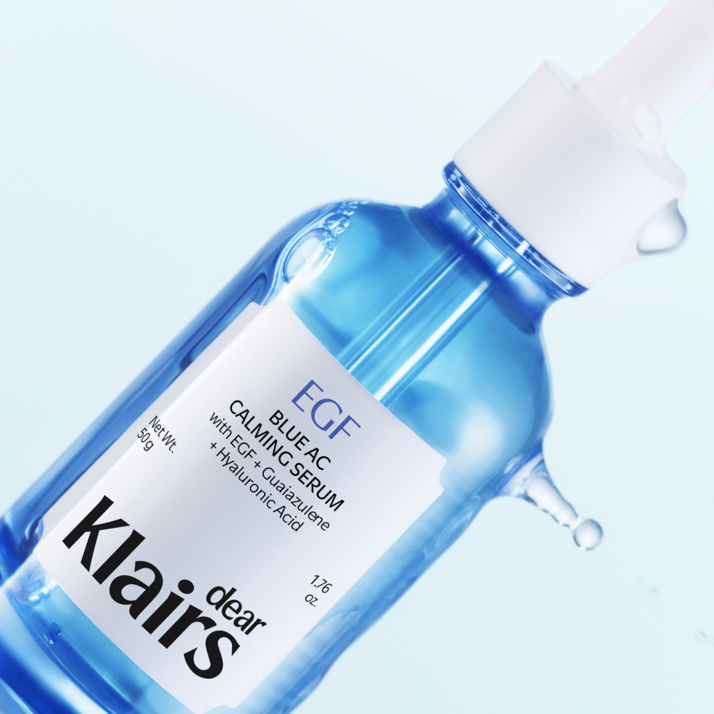 KLAIRS EGF Blue AC Soothing Serum 50g bottle with dropper displayed against a light background.