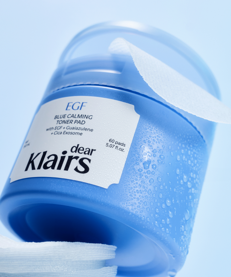 KLAIRS EGF Blue Calming Toner Pads 60 Pads container with open lid showcasing soothing skincare pads