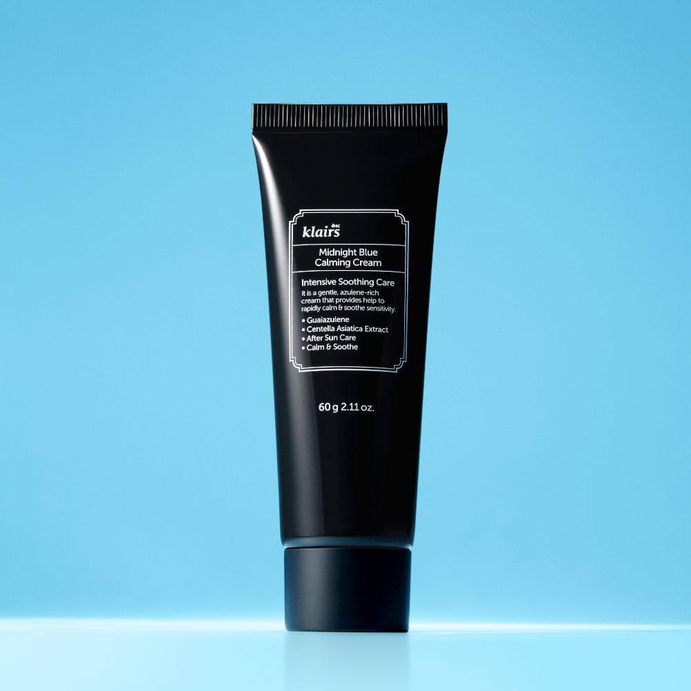 KLAIRS EGF Midnight Blue Calming Cream 60g tube on blue background