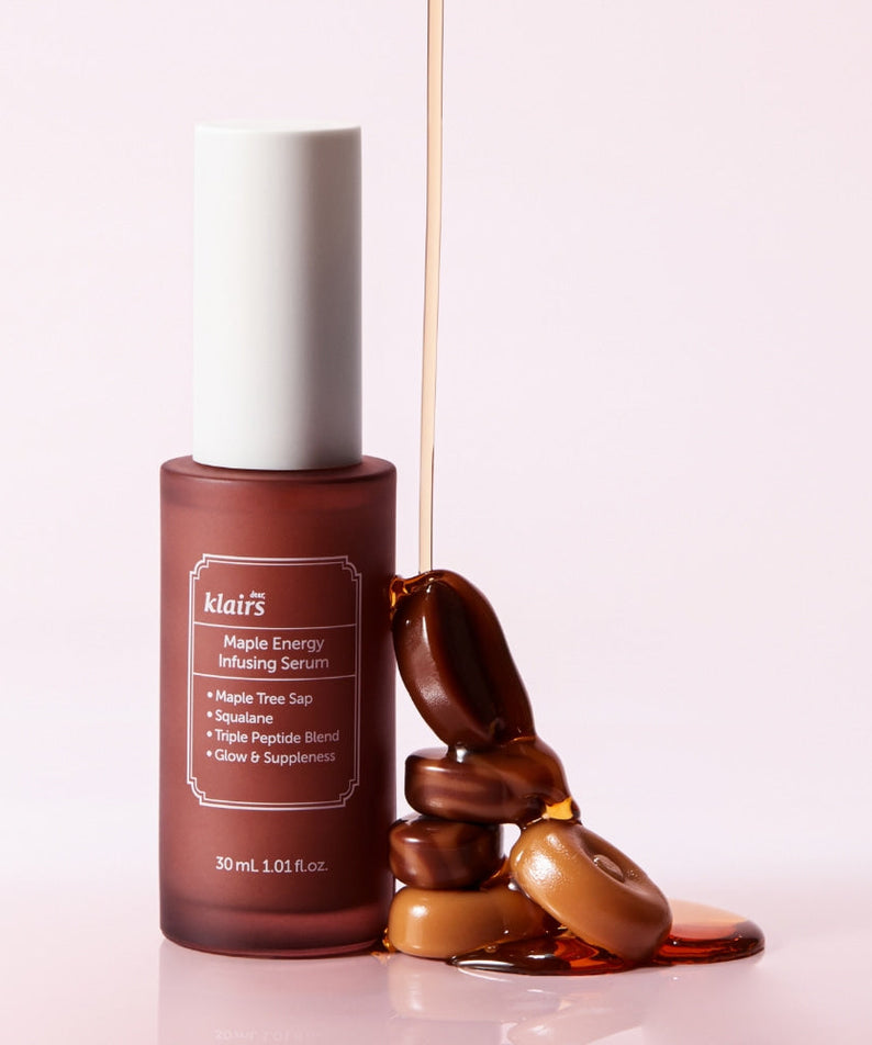 KLAIRS Maple Energy Infusing Serum 30ml bottle with maple sap and core ingredients showcasing benefits and hydration.