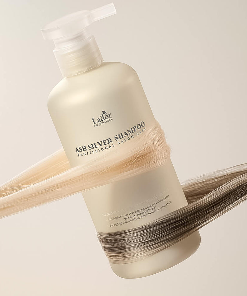 LADOR ASH Silver Shampoo 300ml bottle with blonde and silver hair strands