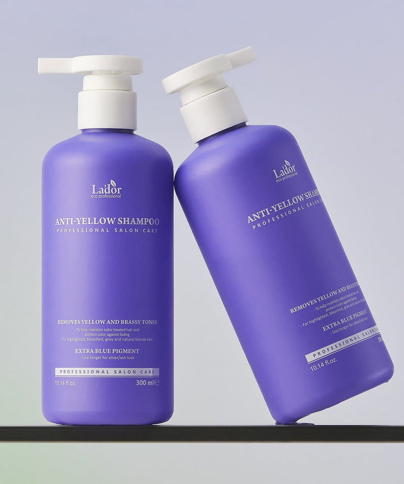 LADOR Anti-Yellow Complement Tary Shampoo 300ml bottles in purple packaging for color correction