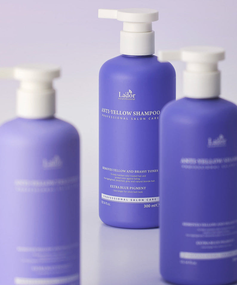 LADOR Anti-Yellow Complement Tary Shampoo 300ml bottles in professional salon setting