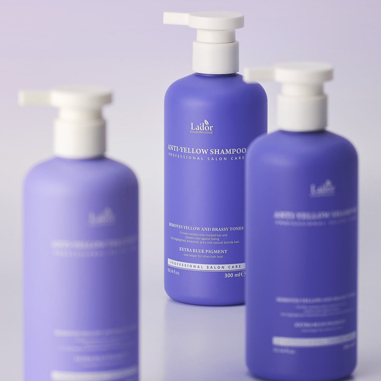 LADOR Anti-Yellow Complement Tary Shampoo 300ml bottles in professional salon setting