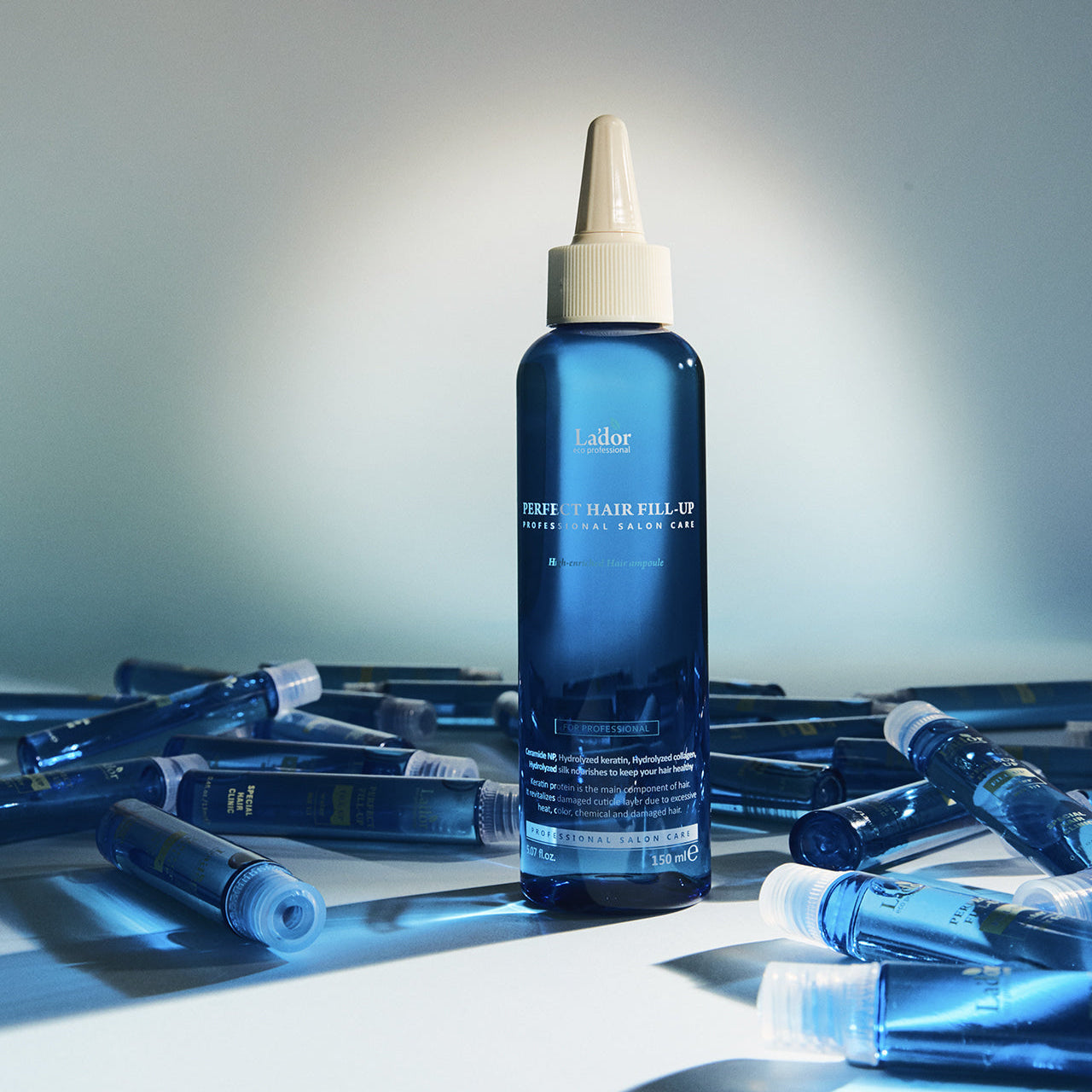 LADOR Perfect Hair Fill-Up 150ml bottle with background vials, hair treatment product.