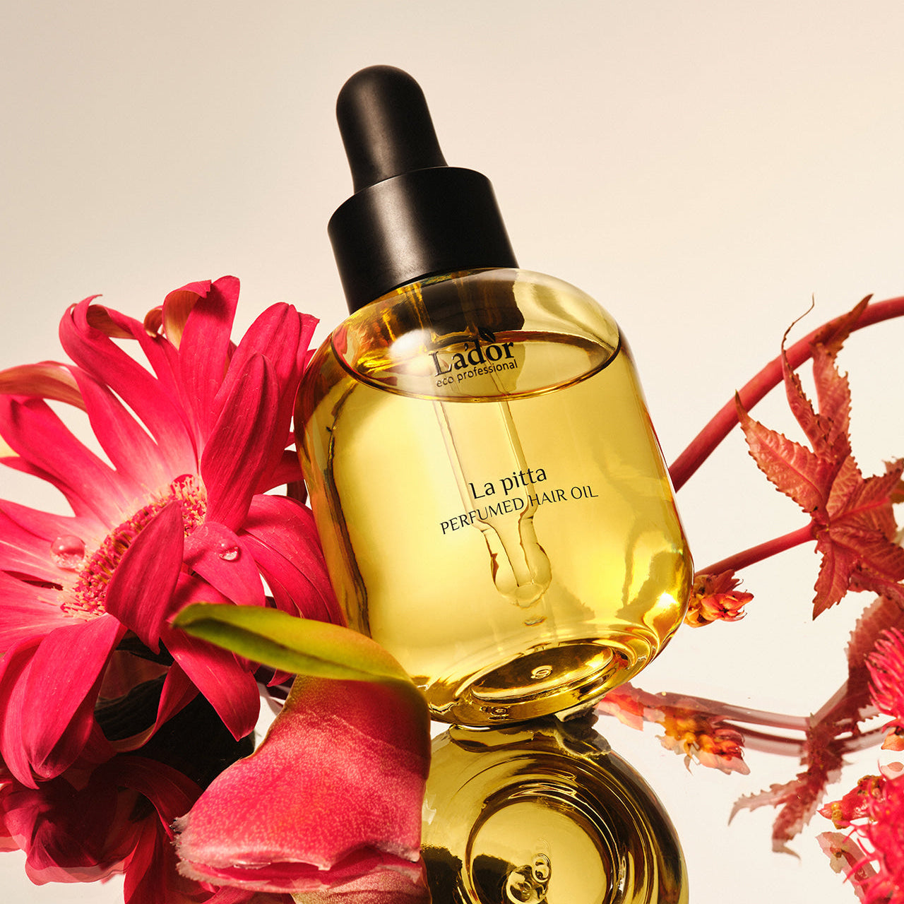 LADOR Perfume Hair Oil 30ml bottle with floral background