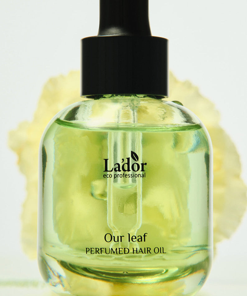 LADOR Perfume Hair Oil 30ml bottle with dispenser, luxury hair care product in clear glass, aromatic nourishing oil for shiny hair