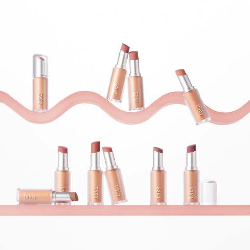 Assorted shades of LAKA Bulky Matte Lipstick displayed on a wavy rack