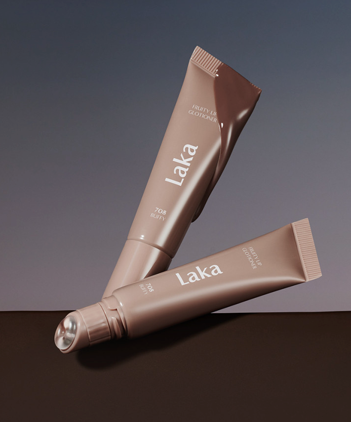 Two tubes of LAKA Fruity Lip Glossionner in elegant packaging.