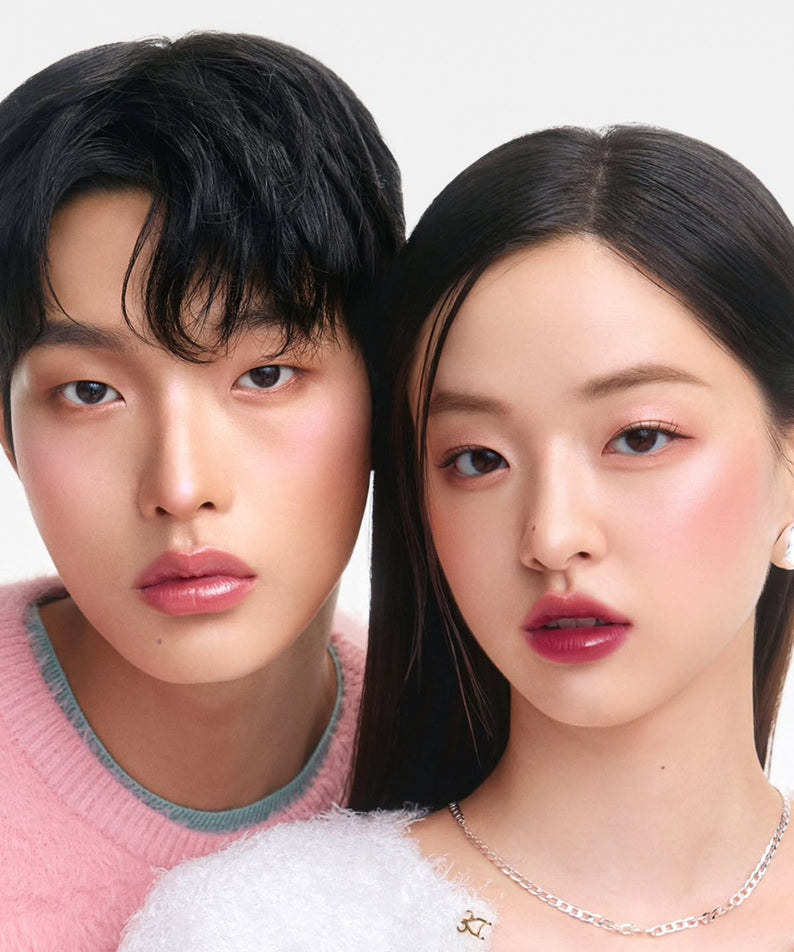Two models wearing LAKA Popping Ballon Tint with vibrant lip color, showcasing the tint's smooth and long-lasting finish for stylish looks.