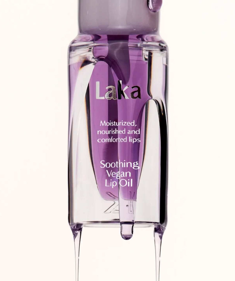 LAKA Soothing Vegan Lip OIl in lavender shade, moisturizing and nourishing lip care product.