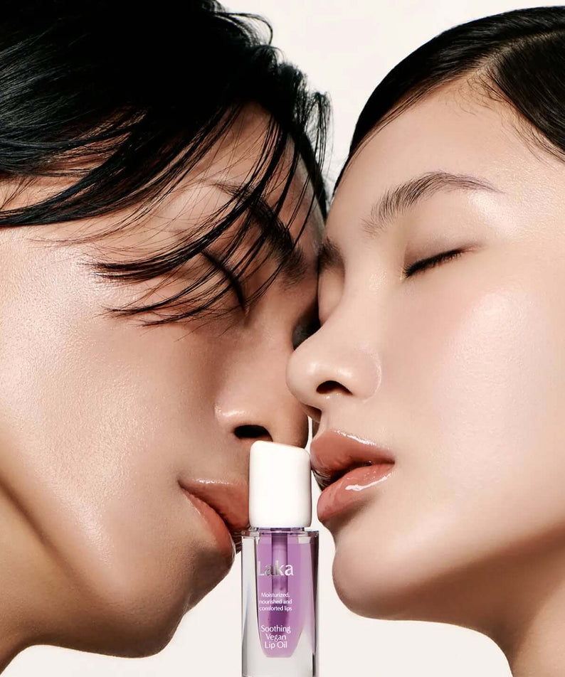 Close-up of models with LAKA Soothing Vegan Lip OIl highlighting its calming effect.