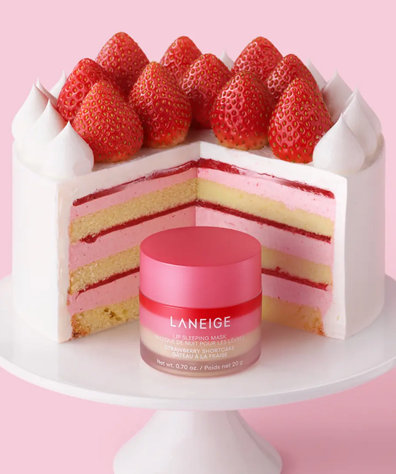 LANEIGE Lip Sleeping Mask EX Strawberry Shortcake 20g in front of a strawberry shortcake