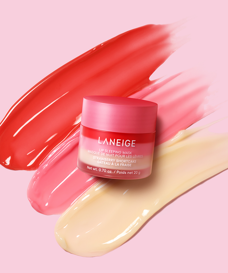 LANEIGE Lip Sleeping Mask EX Strawberry Shortcake 20g displayed with vibrant color swatches on a pink background.
