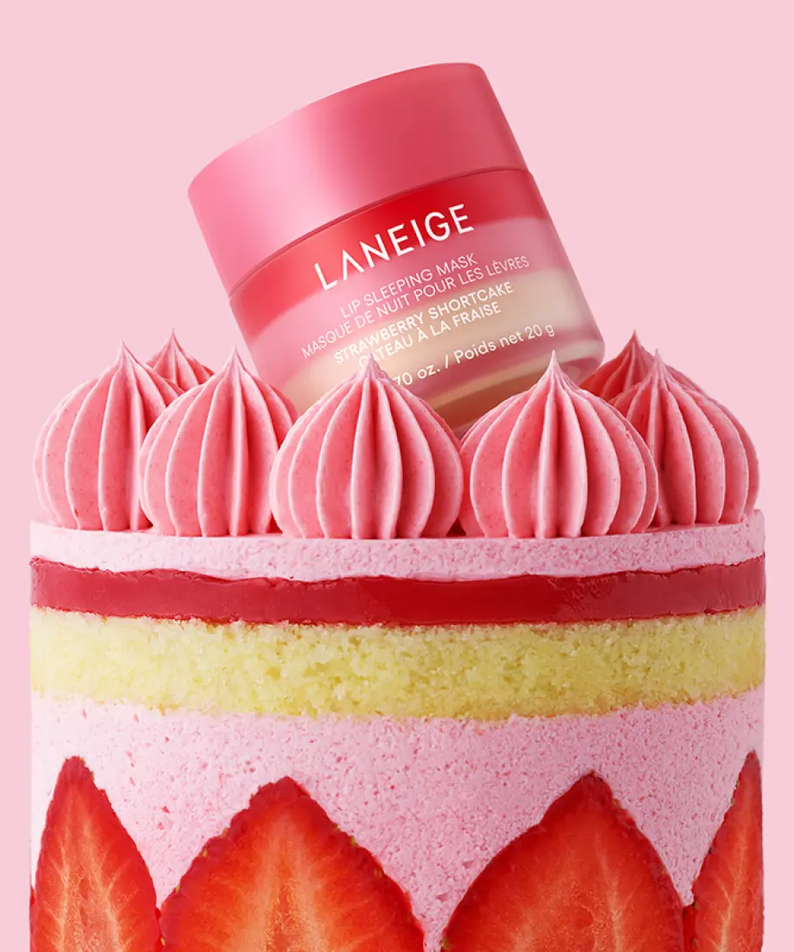 LANEIGE Lip Sleeping Mask EX Strawberry Shortcake 20g displayed on a decorative strawberry cake with a pink background.