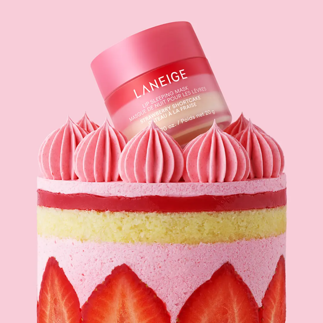 LANEIGE Lip Sleeping Mask EX Strawberry Shortcake 20g displayed on a decorative strawberry cake with a pink background.
