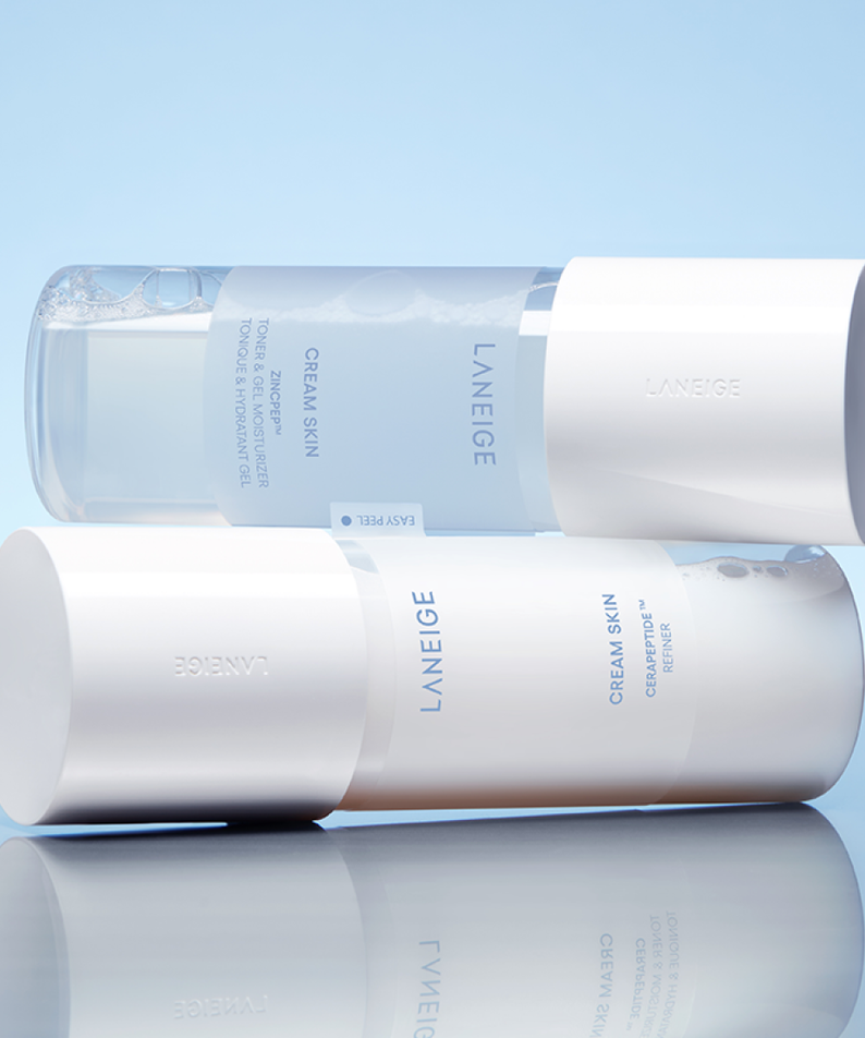LANEIGE NEW Gel Cream Skin 170ml product packaging displayed on a reflective surface against a blue background.
