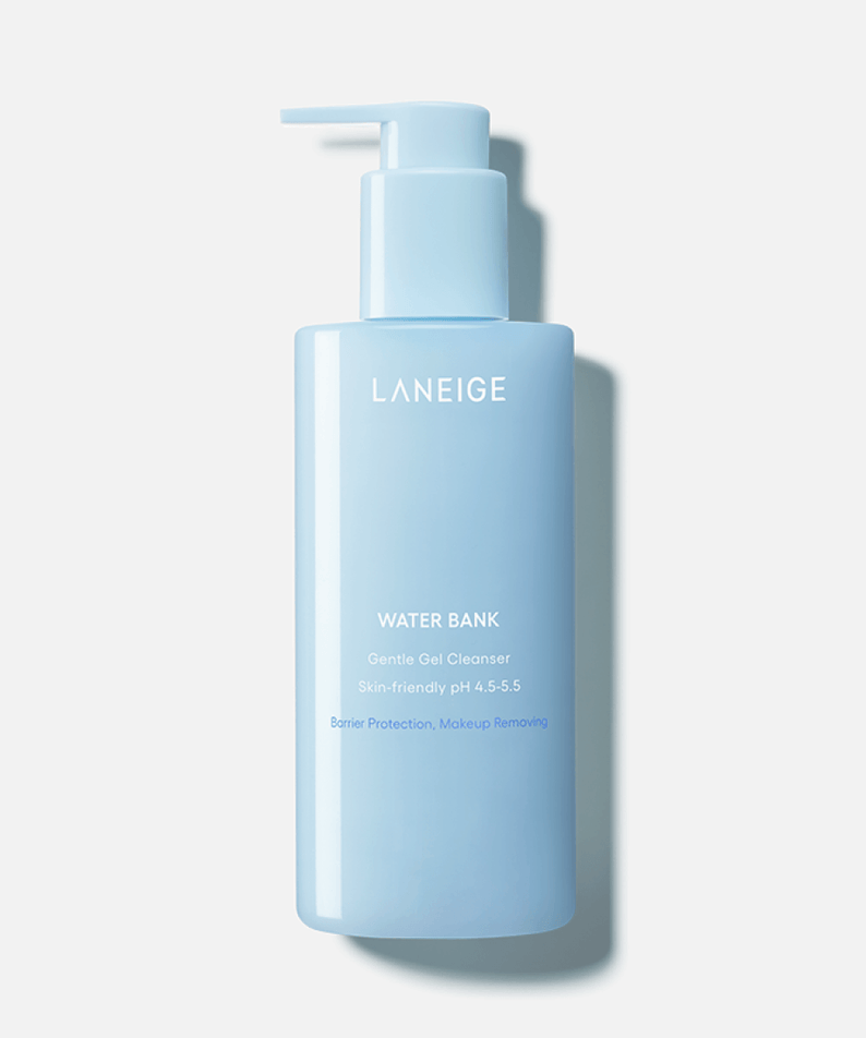 LANEIGE Water Bank Gentle Gel Cleanser 250ml bottle with pump, light blue packaging, skin-friendly facial cleanser for all skin types.
