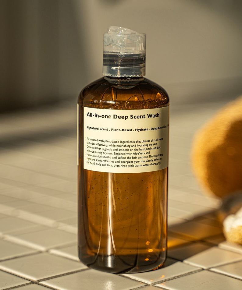LAZY SOCIETY All-in-One Deep Scent Wash 300ml bottle on tiled surface for Gentleman Korea, Korean men's skincare gentle cleansing