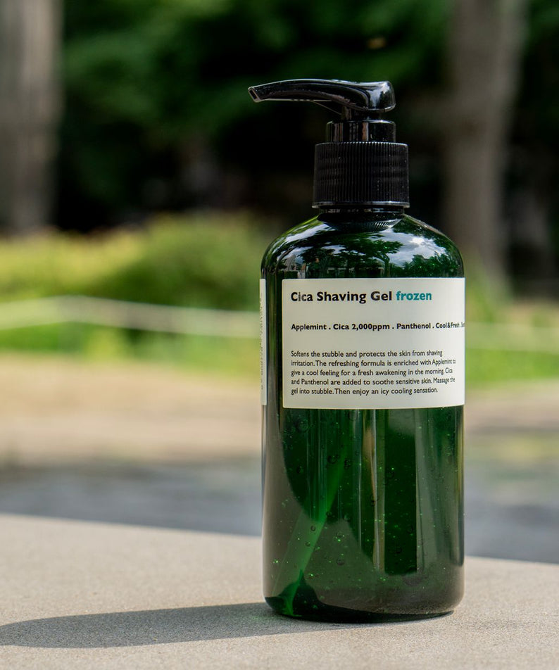 LAZY SOCIETY Cica Shaving Frozen 250ml bottle on outdoor table, Gentleman Korea men’s cooling shaving gel product