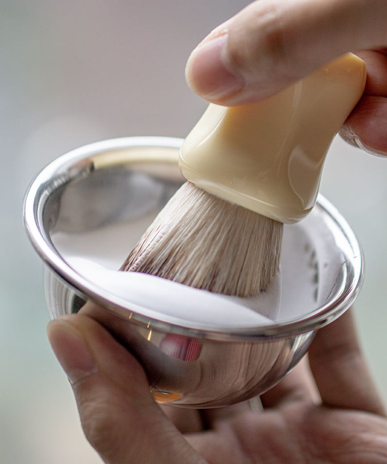 LAZY SOCIETY Classic Shaving Brush: Gentleman Korea product showing brush lathering shaving soap in stainless bowl for classic wet shave