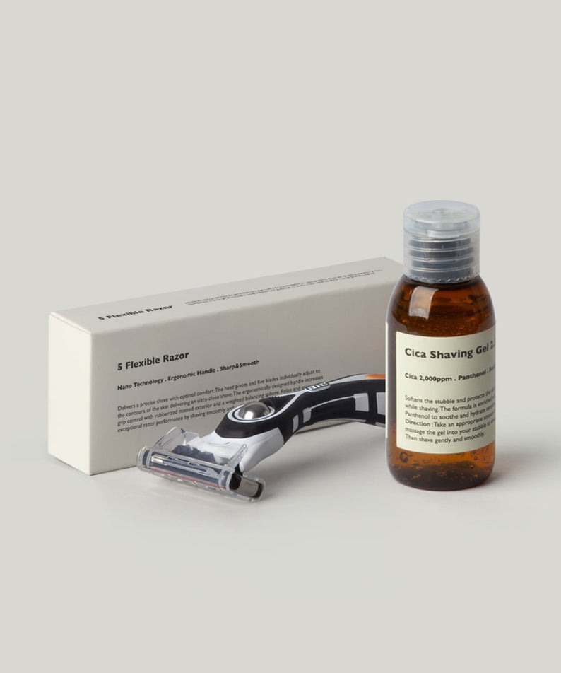LAZY SOCIETY Experience Lit Set - Gentleman Korea men's Korean skincare shaving kit with razor, cica shaving gel bottle and packaging