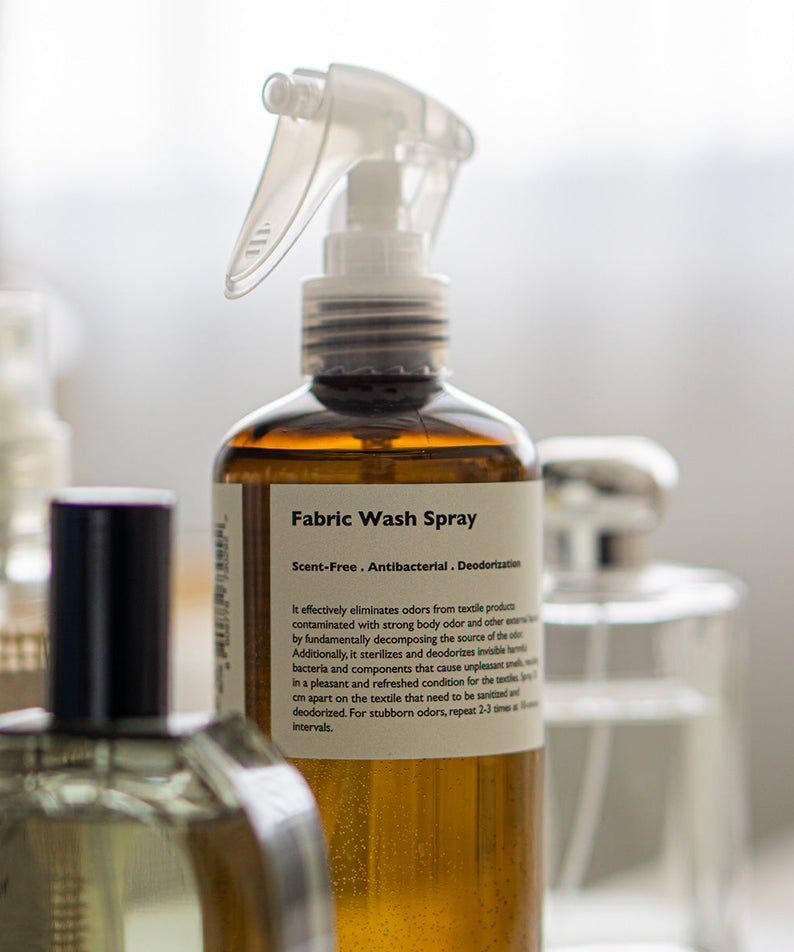 LAZY SOCIETY Fabric Fresh Spray 300ml glass spray bottle on vanity, Gentleman Korea men's fabric freshener for garments and linens