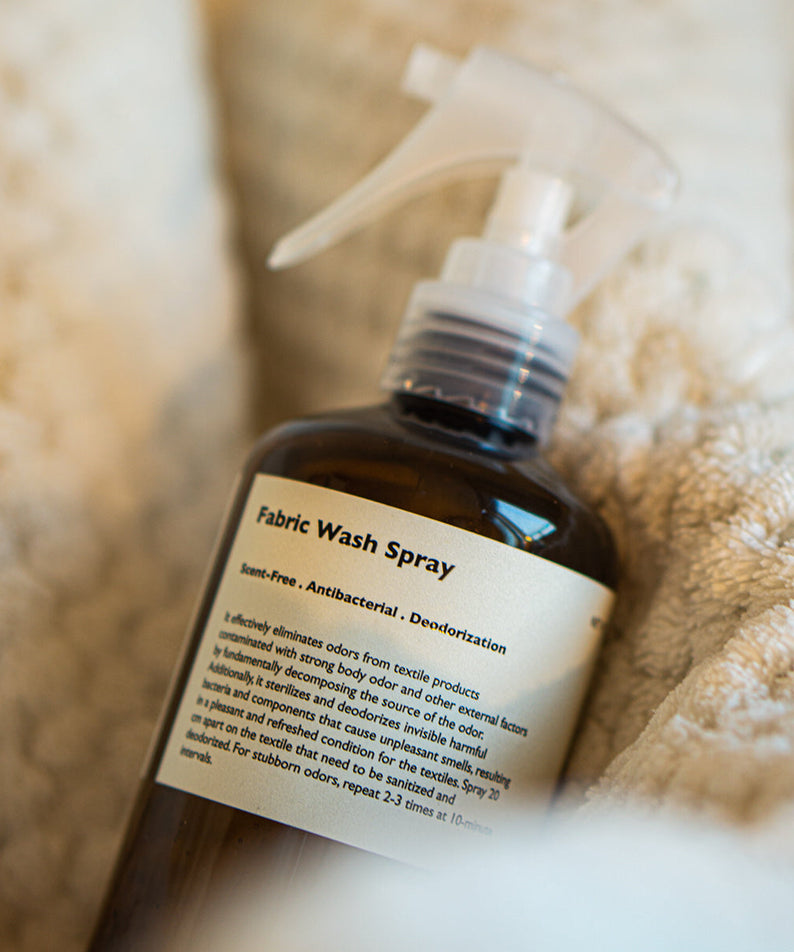 LAZY SOCIETY Fabric Fresh Spray 300ml on beige knit blanket, Gentleman's fabric deodorizer by Gentleman Korea