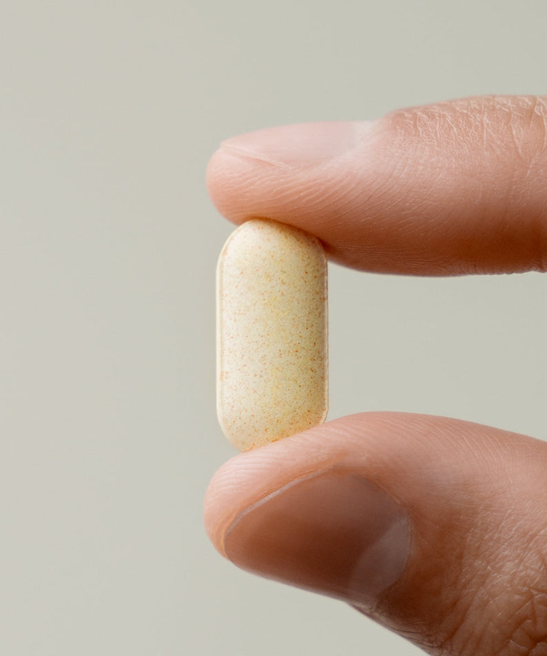 LAZY SOCIETY Multivitamin & Mineral Vitamin B 1000 single tablet held between fingers by Gentleman Korea for men’s supplement
