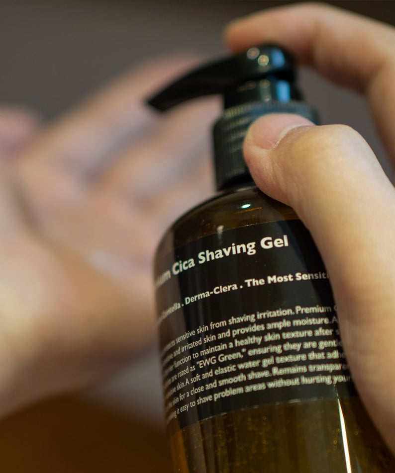 LAZY SOCIETY Premium Cica Shaving Gel 300ml bottle being dispensed by a gentleman’s hand — Gentleman Korea premium men’s skincare