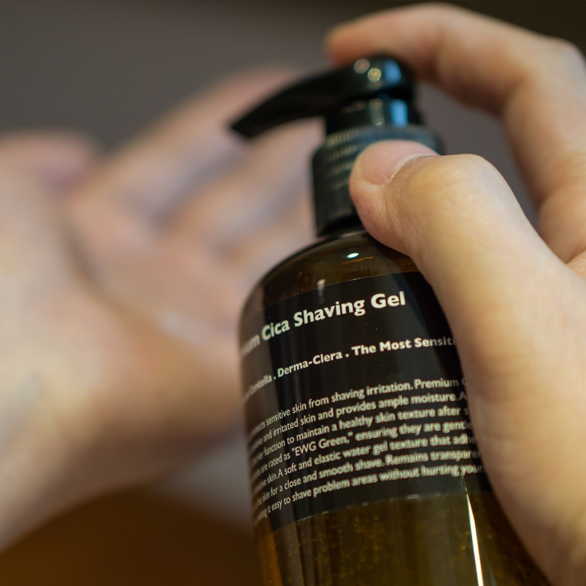 LAZY SOCIETY Premium Cica Shaving Gel 300ml bottle being dispensed by a gentleman’s hand — Gentleman Korea premium men’s skincare