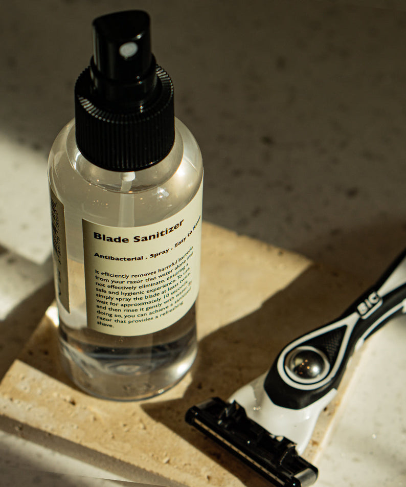 LAZY SOCIETY Razor Blade Sanitizer 120ml spray bottle beside razor, Gentleman Korea export Korean skincare for men
