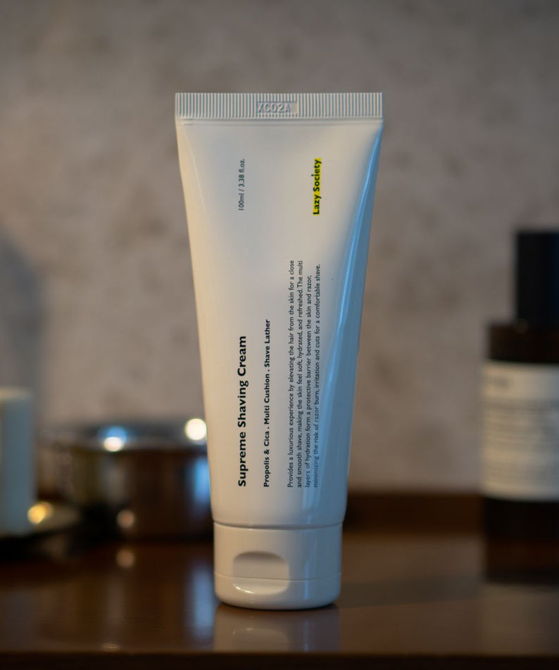 LAZY SOCIETY Superme Shaving Cream 100ml tube on bathroom counter, Gentleman Korea Korean men's grooming product for a smooth shave