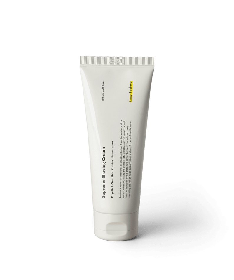 LAZY SOCIETY Superme Shaving Cream 100ml tube on white background, Gentleman Korea premium men’s shaving cream for a smooth shave