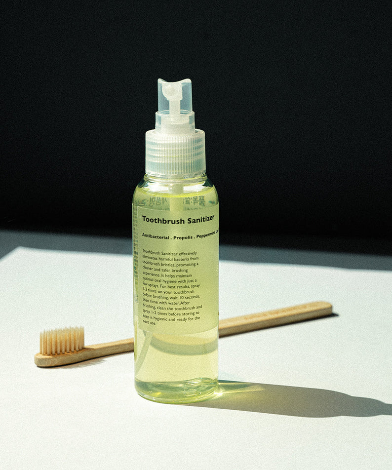 LAZY SOCIETY Toothbrush Sanitizer 100ml bottle with pump and bamboo toothbrush, Gentleman Korea Korean skincare for men