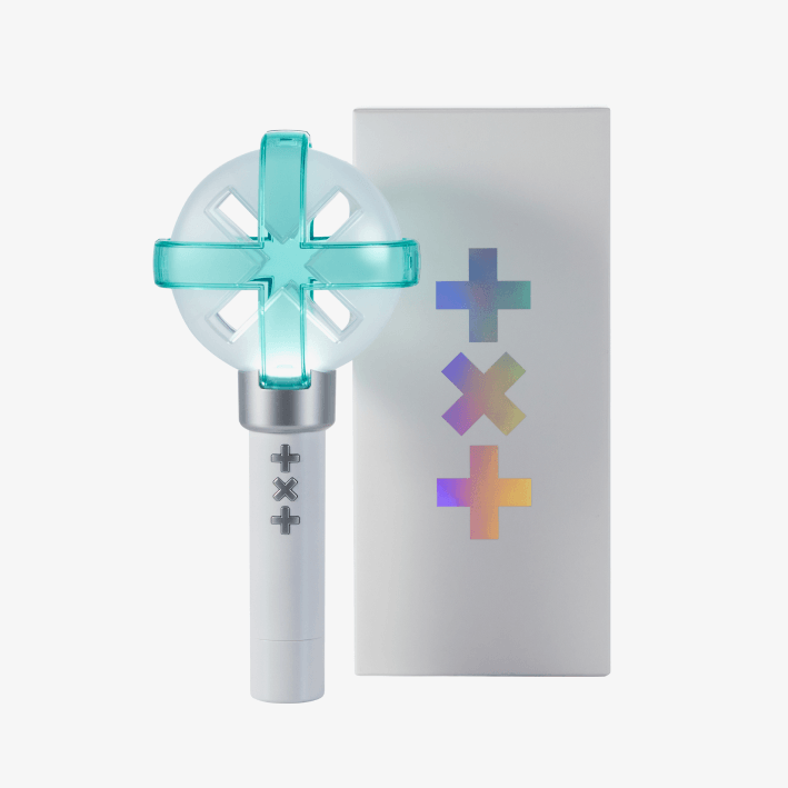 LIGHTSTICK TXT OFFICIAL LIGHT STICK Ver.2 with packaging, featuring holographic cross design on box, product on white background.