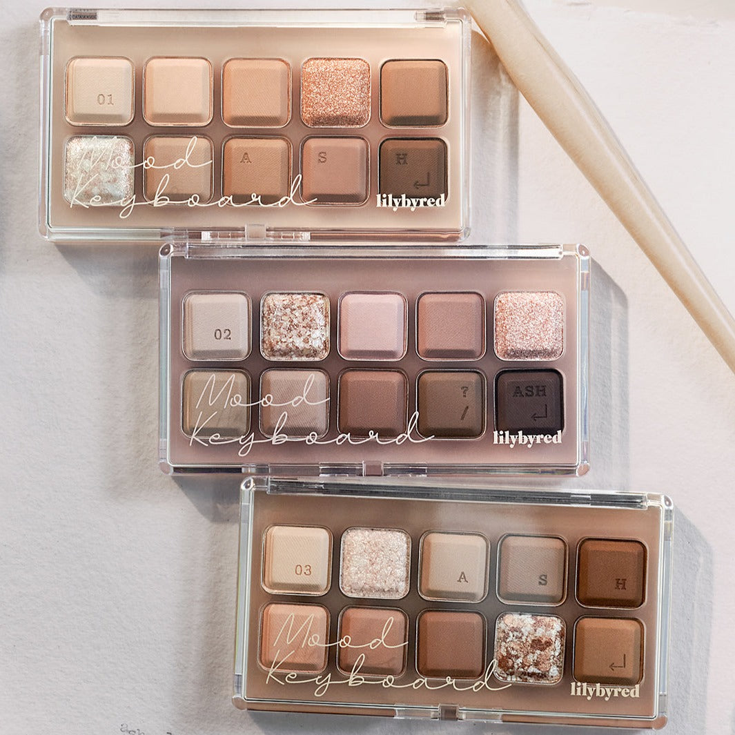 LILYBYRED Mood Keyboard Palette featuring neutral eyeshadow shades with shimmer. Ideal for versatile makeup looks.
