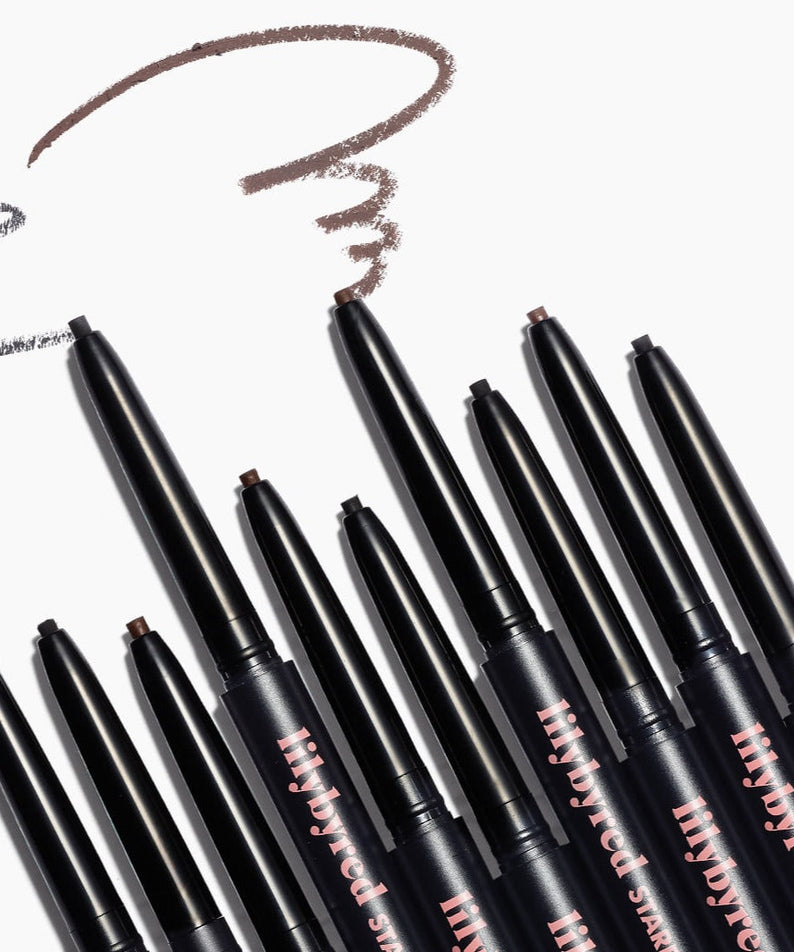 LILYBYRED Starry Eyes 9 to 9 Slim Gel Eyeliner displayed with sample strokes on a white background.